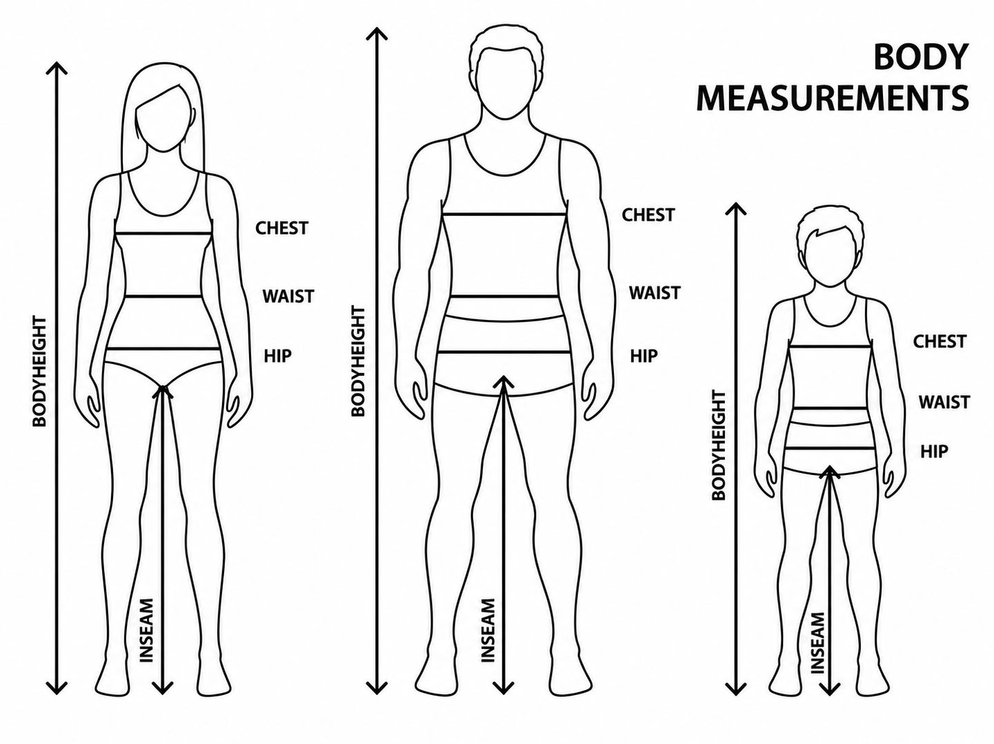 Body measurement guide showing height, chest, waist, hips, and inseam on adult and child figures.