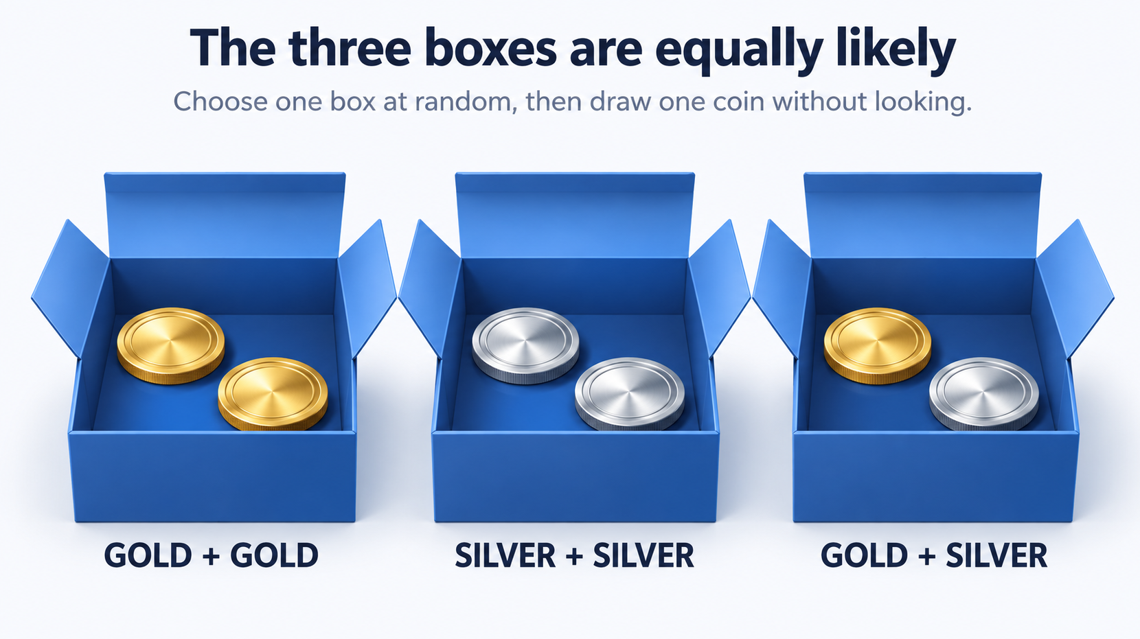 Three open boxes containing gold and gold, silver and silver, and gold and silver coins.